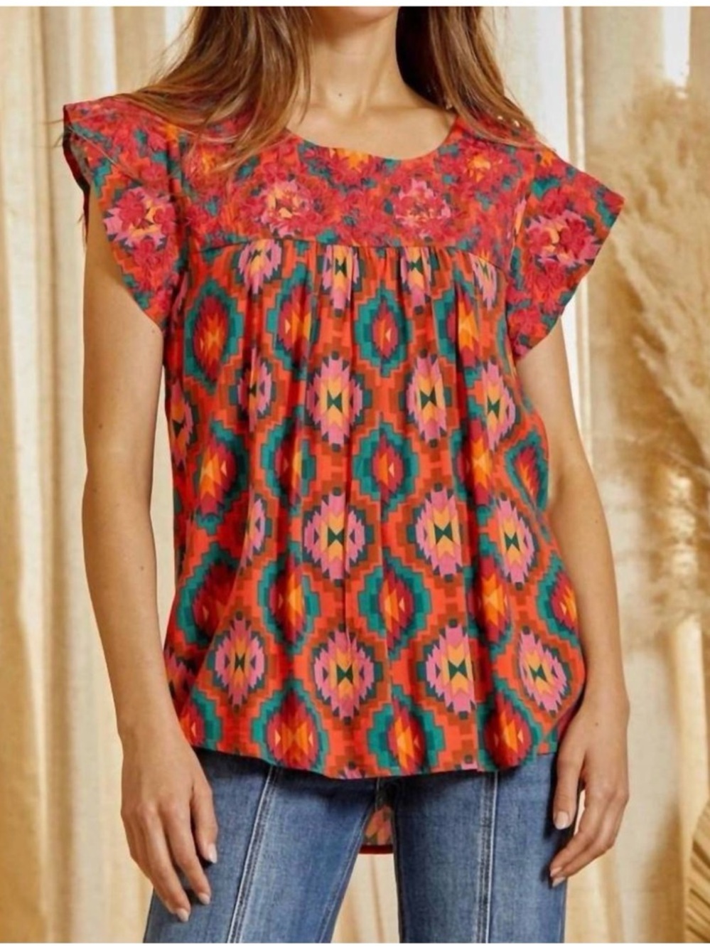 SAVANNA JANE aztec embroidered flutter sleeve top in multi color size 2X
